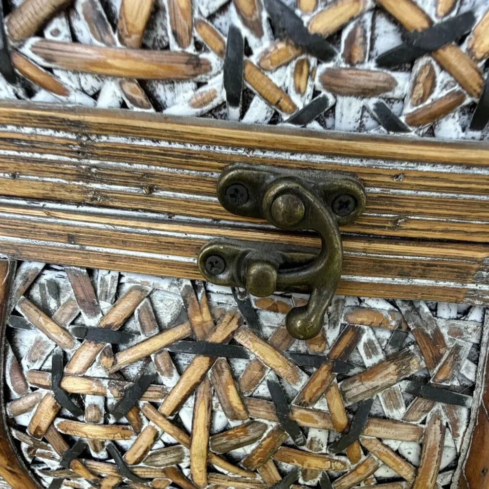 Vintage Style Wooden Rattan & Wicker Decorative Storage Chest– Boho,Swivel Latch